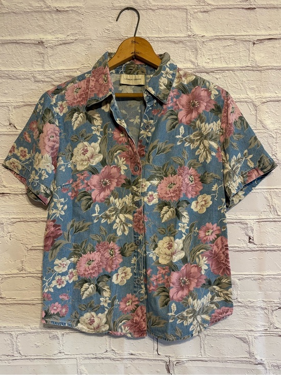 Lemon Grass Tops - Vintage Lemon Grass Floral Denim Button-Down Shirt